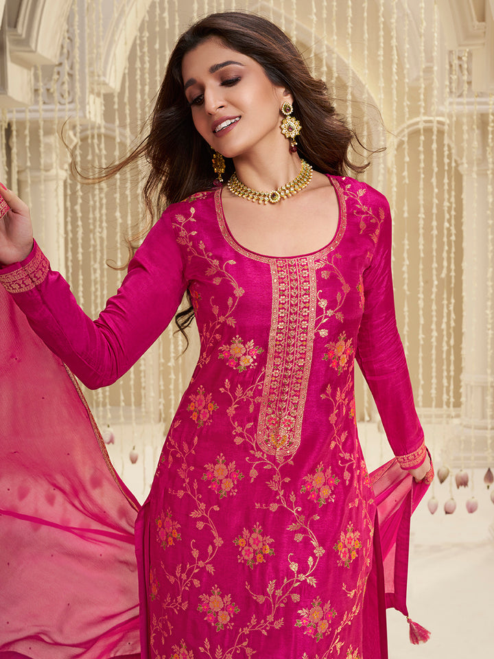 Hot Pink Meena Jacquard Kurta Suit Set