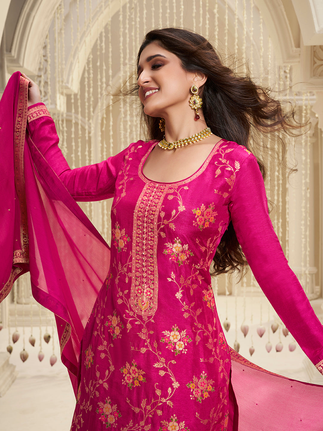 Hot Pink Meena Jacquard Kurta Suit Set