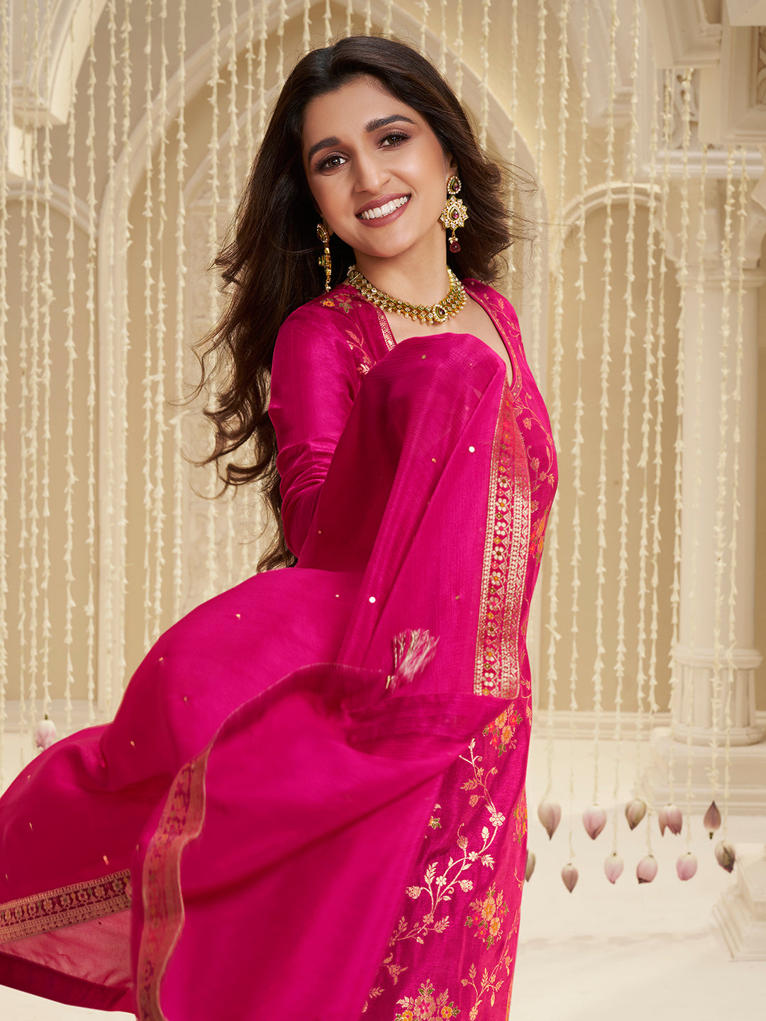 Hot Pink Meena Jacquard Kurta Suit Set