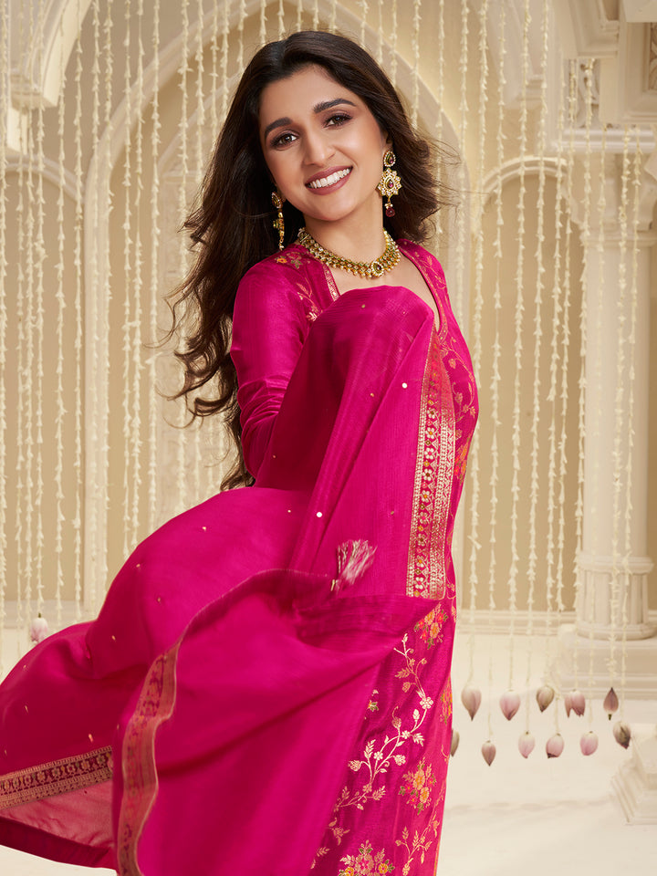 Hot Pink Meena Jacquard Kurta Suit Set