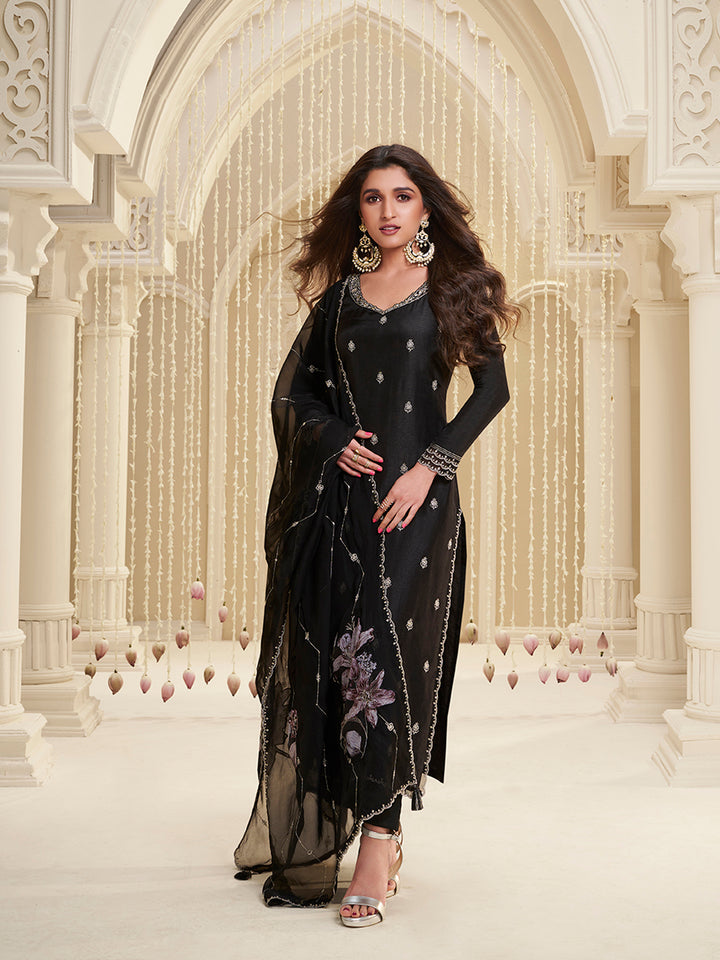 Black Cutwork Neckline Dola Silk Kurta Suit Set with Floral Aplique Dupatta