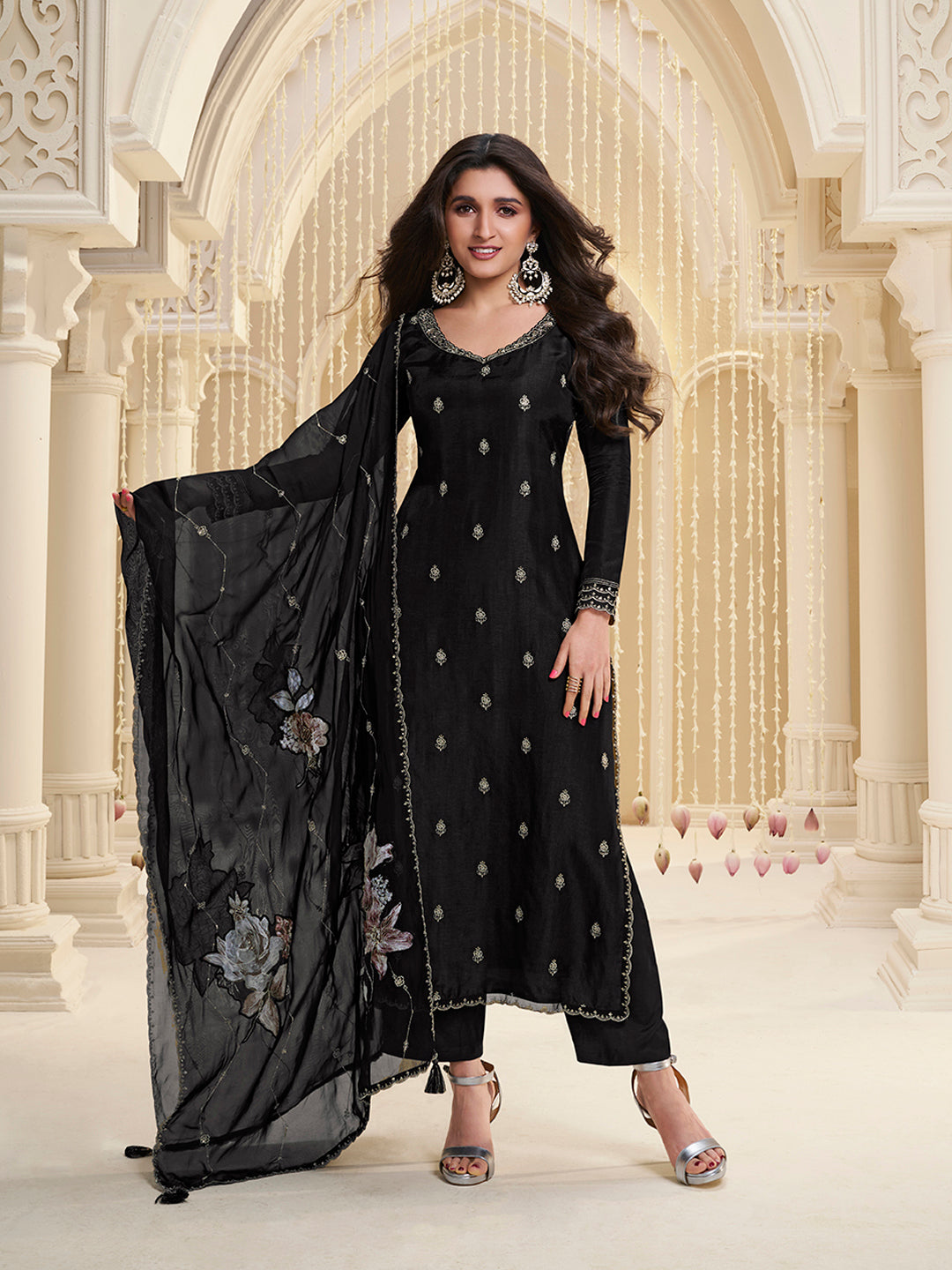 Black Cutwork Neckline Dola Silk Kurta Suit Set with Floral Aplique Dupatta