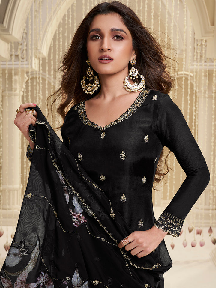 Black Cutwork Neckline Dola Silk Kurta Suit Set with Floral Aplique Dupatta