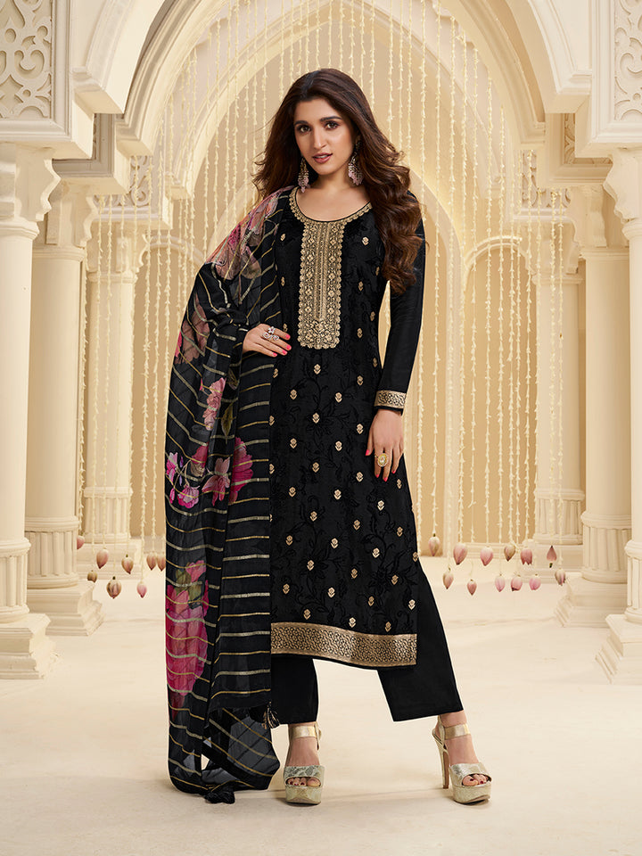 Black Dola Ethic Motifs Jacquard Kurta Suit Set