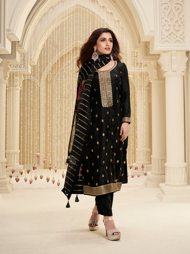 Black Dola Ethic Motifs Jacquard Kurta Suit Set