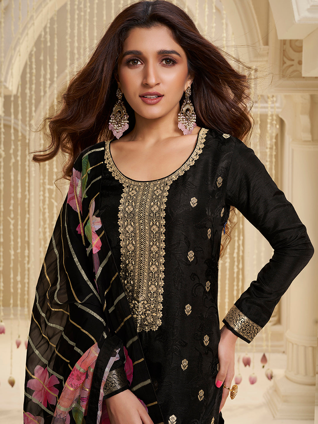 Black Dola Ethic Motifs Jacquard Kurta Suit Set