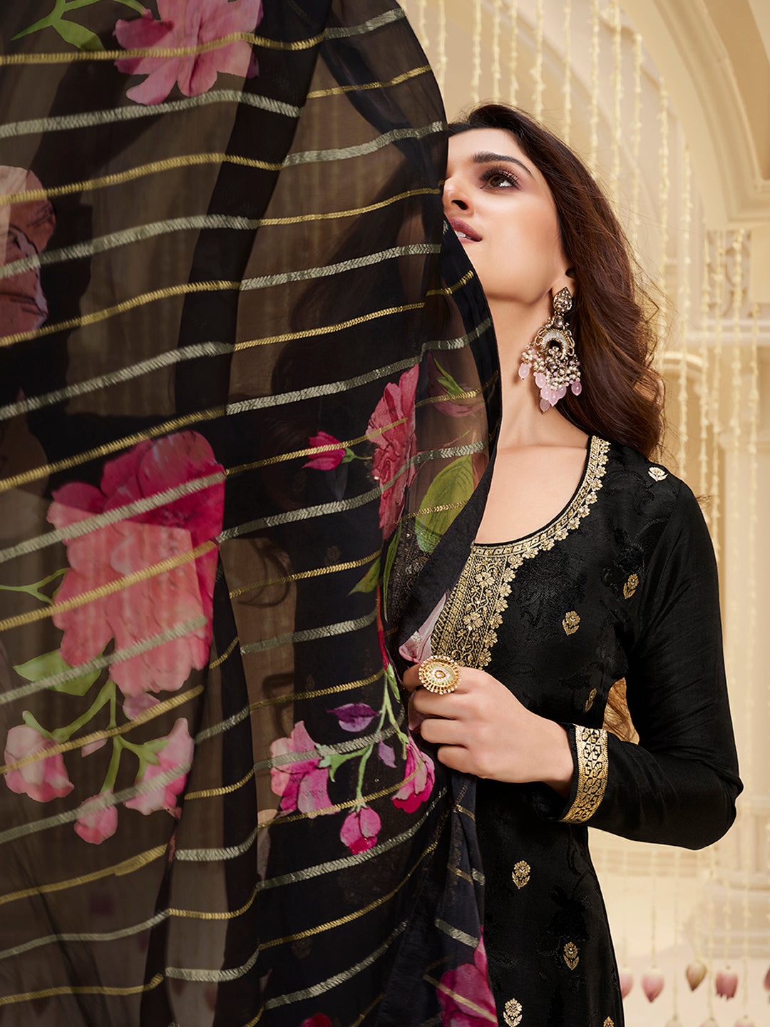 Black Dola Ethic Motifs Jacquard Kurta Suit Set