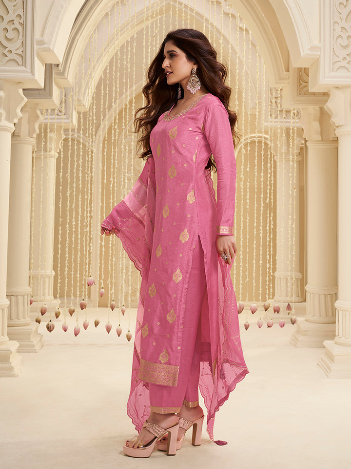 Pink Dola Ethic Motifs Jacquard with Embroidered Kurta Suit Set.