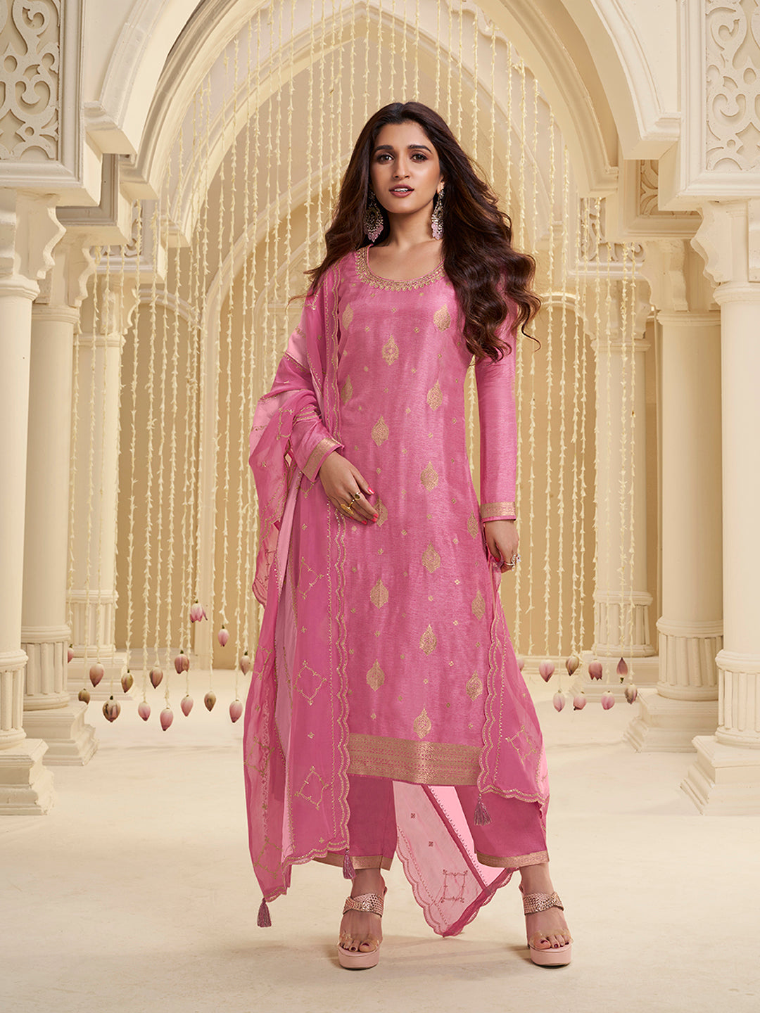 Pink Dola Ethic Motifs Jacquard with Embroidered Kurta Suit Set.