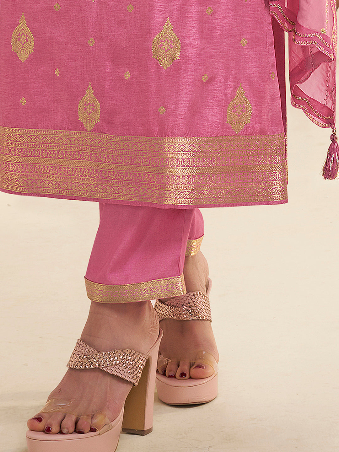 Pink Dola Ethic Motifs Jacquard with Embroidered Kurta Suit Set.