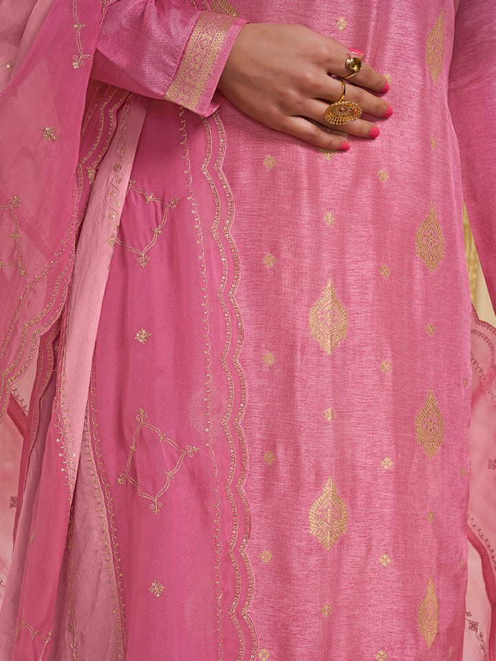 Pink Dola Ethic Motifs Jacquard with Embroidered Kurta Suit Set.