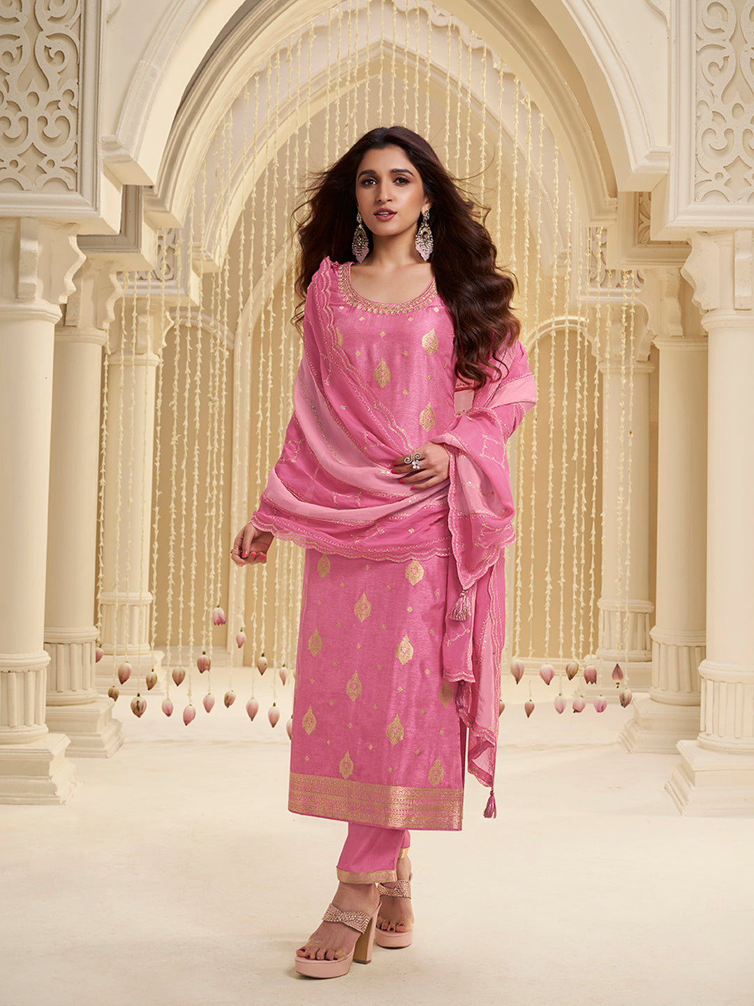 Pink Dola Ethic Motifs Jacquard with Embroidered Kurta Suit Set.