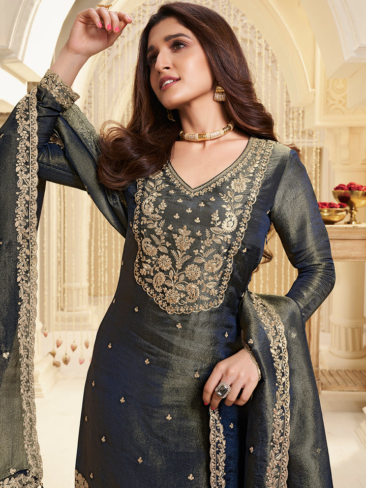 Blue Viscose Tissue with Pitta work Sharara Suit Set