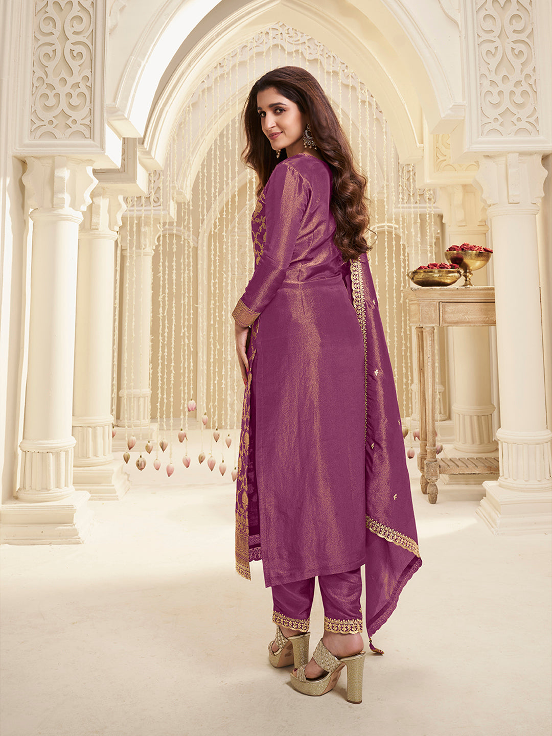 Purple Tissue Shimmer Jacquard Kurta Suit Set