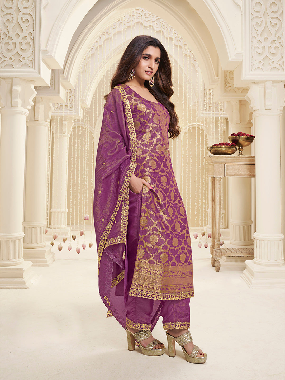 Purple Tissue Shimmer Jacquard Kurta Suit Set