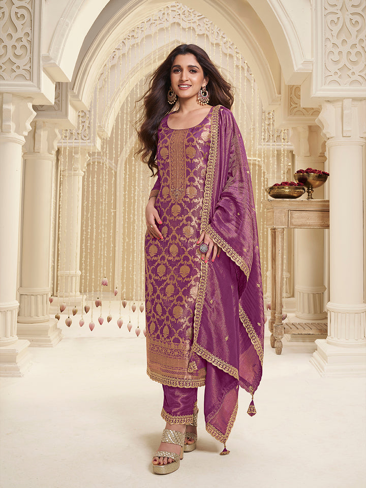 Purple Tissue Shimmer Jacquard Kurta Suit Set