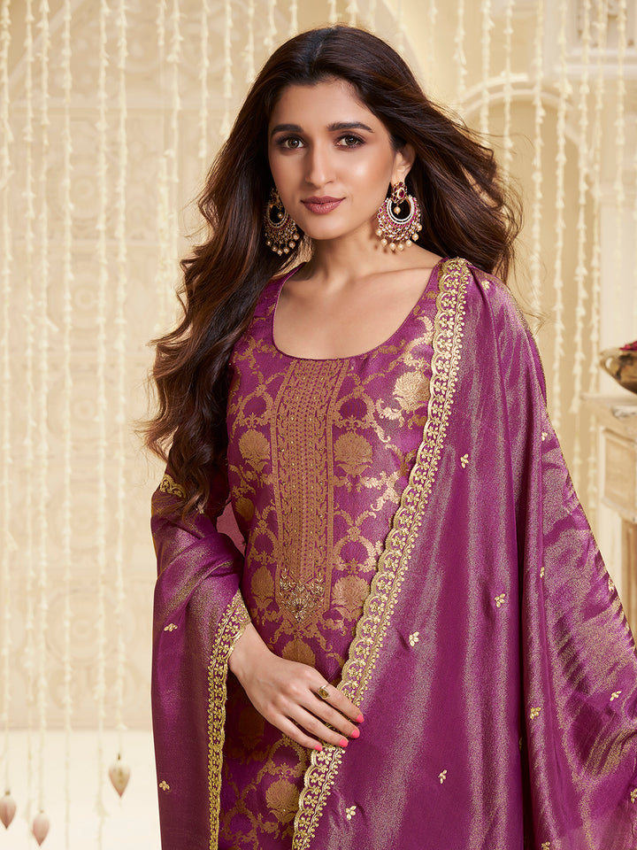 Purple Tissue Shimmer Jacquard Kurta Suit Set