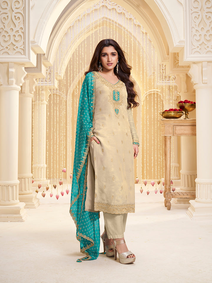 Off-White Tissue with Bandhi Print Colour Contrast Dupatta Kurta Suit Set