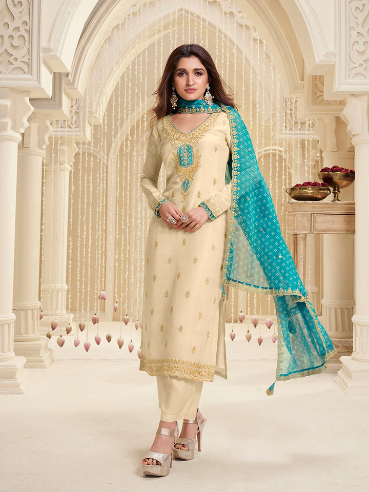 Off-White Tissue with Bandhi Print Colour Contrast Dupatta Kurta Suit Set