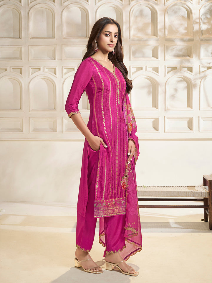 Pink Dola Silk Jacquard weave with Applique patch Kurta Suit set