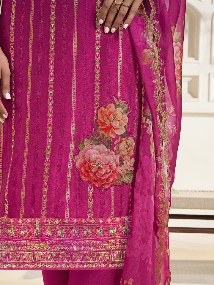 Pink Dola Silk Jacquard weave with Applique patch Kurta Suit set