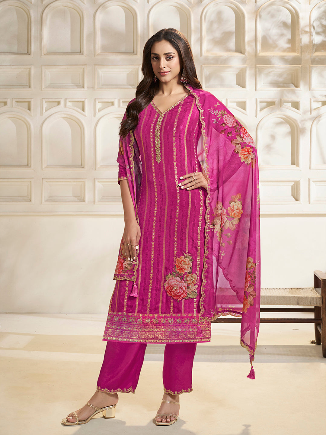 Pink Dola Silk Jacquard weave with Applique patch Kurta Suit set