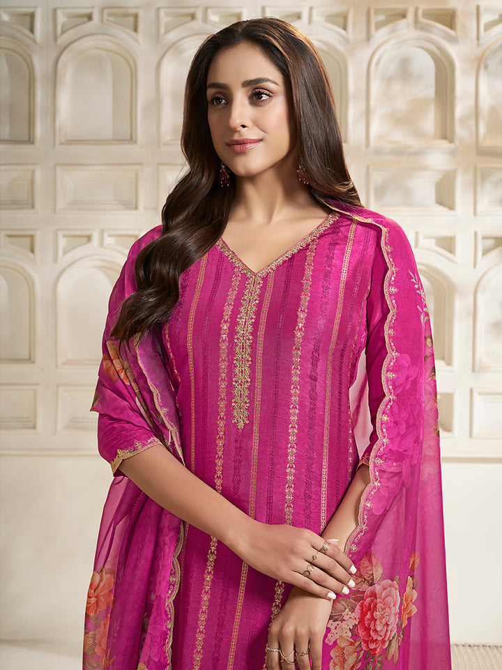 Pink Dola Silk Jacquard weave with Applique patch Kurta Suit set