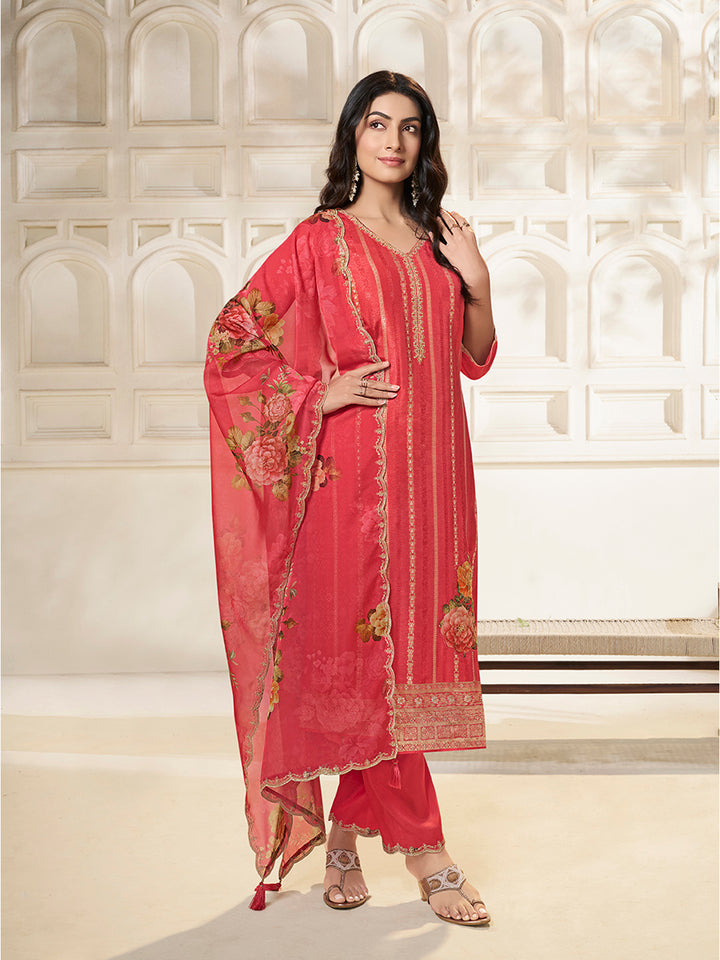 Peach Dola Silk Jacquard weave with Applique patch Kurta Suit set