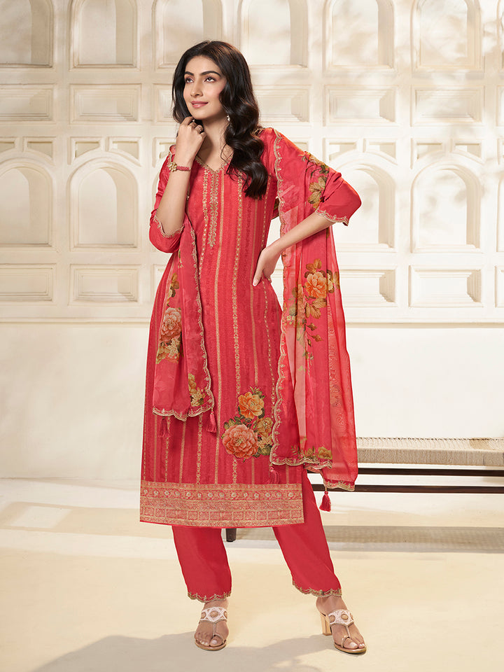 Peach Dola Silk Jacquard weave with Applique patch Kurta Suit set