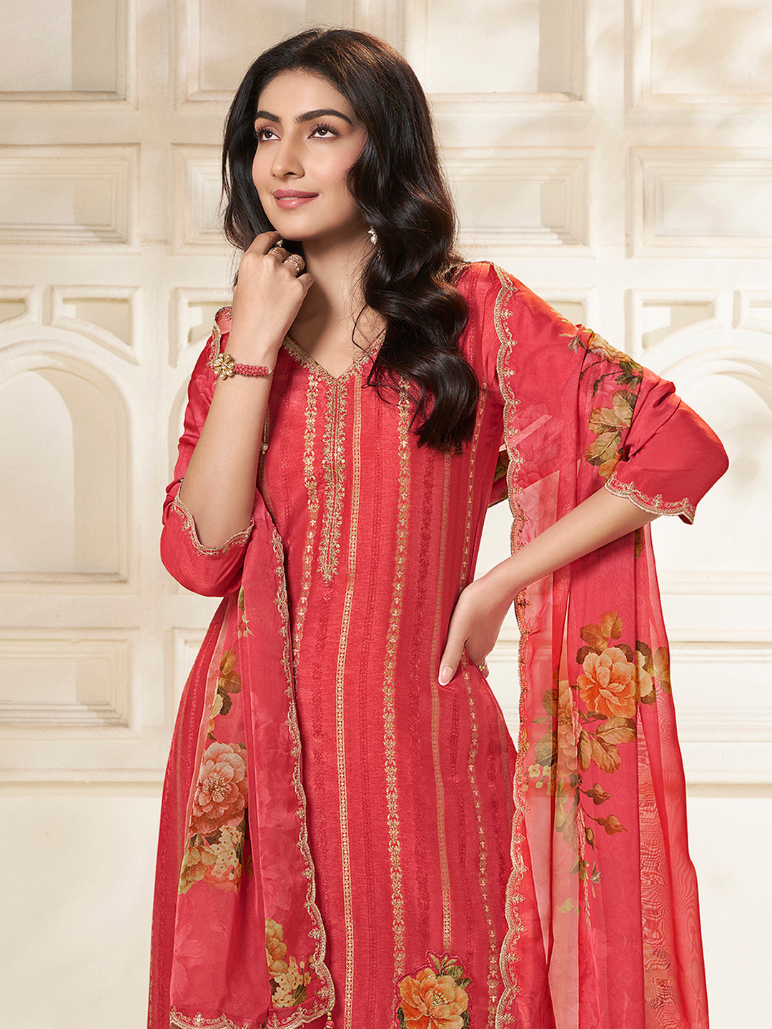 Peach Dola Silk Jacquard weave with Applique patch Kurta Suit set