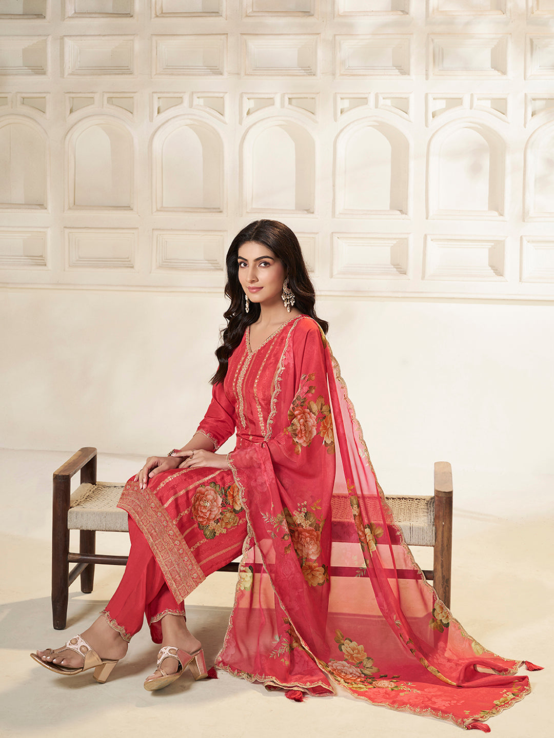 Peach Dola Silk Jacquard weave with Applique patch Kurta Suit set