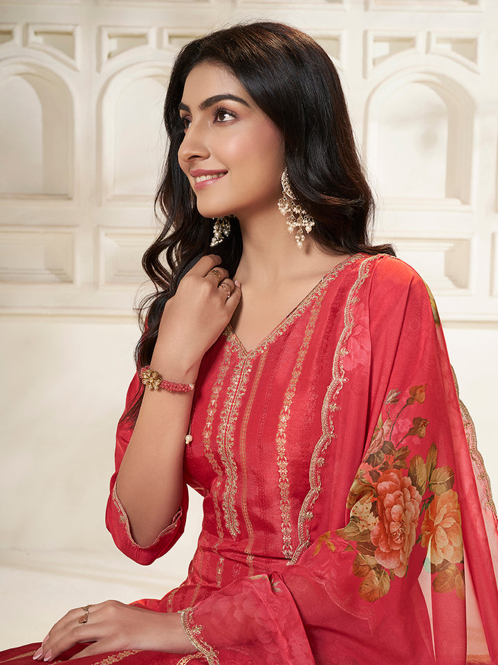 Peach Dola Silk Jacquard weave with Applique patch Kurta Suit set