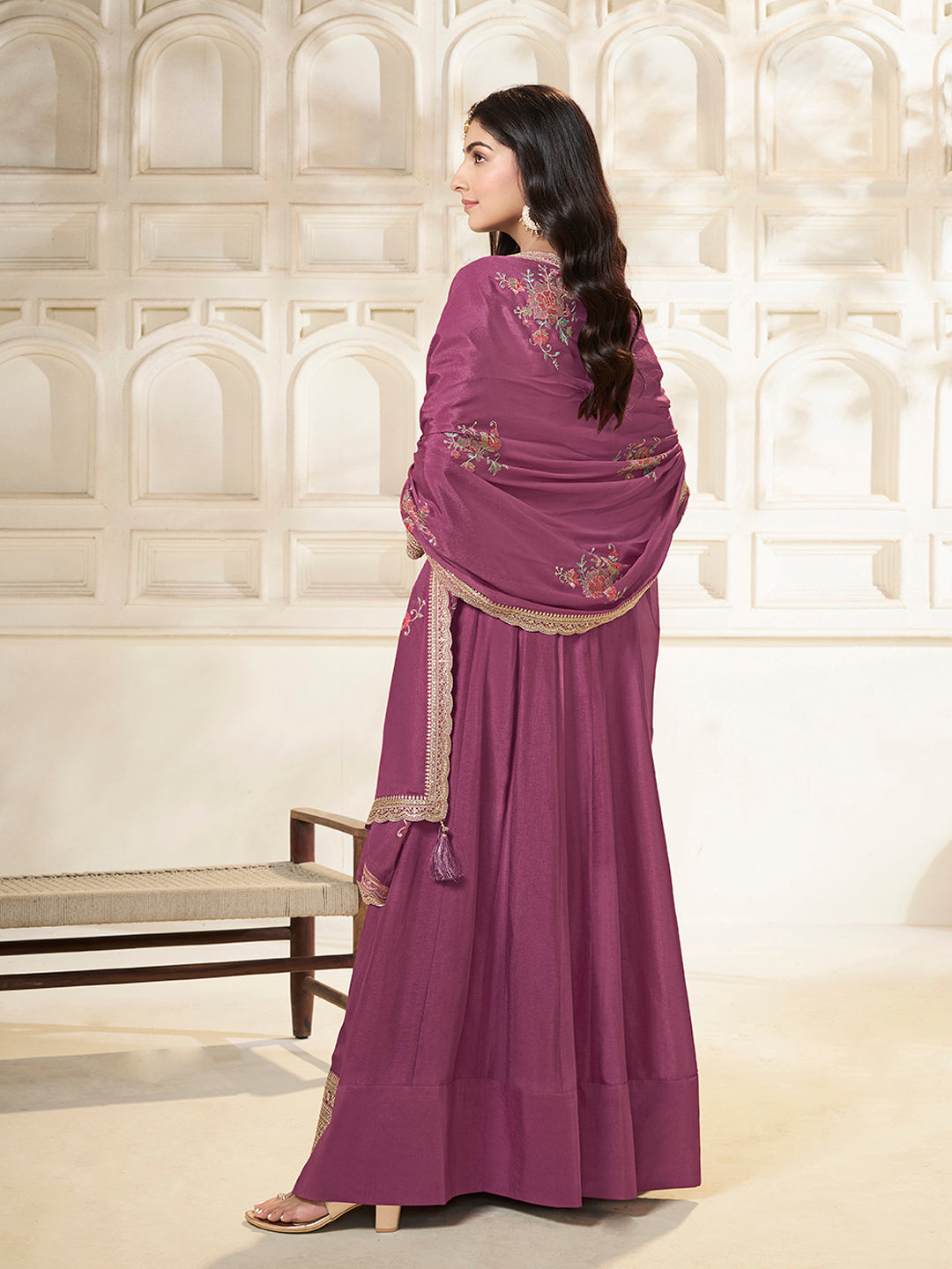 Purple Dola Silk Anarkali Set with Sequins Embroidered Dupatta