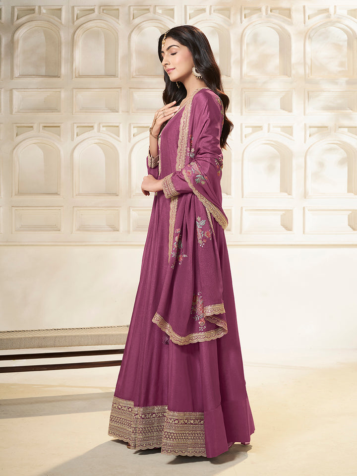 Purple Dola Silk Anarkali Set with Sequins Embroidered Dupatta