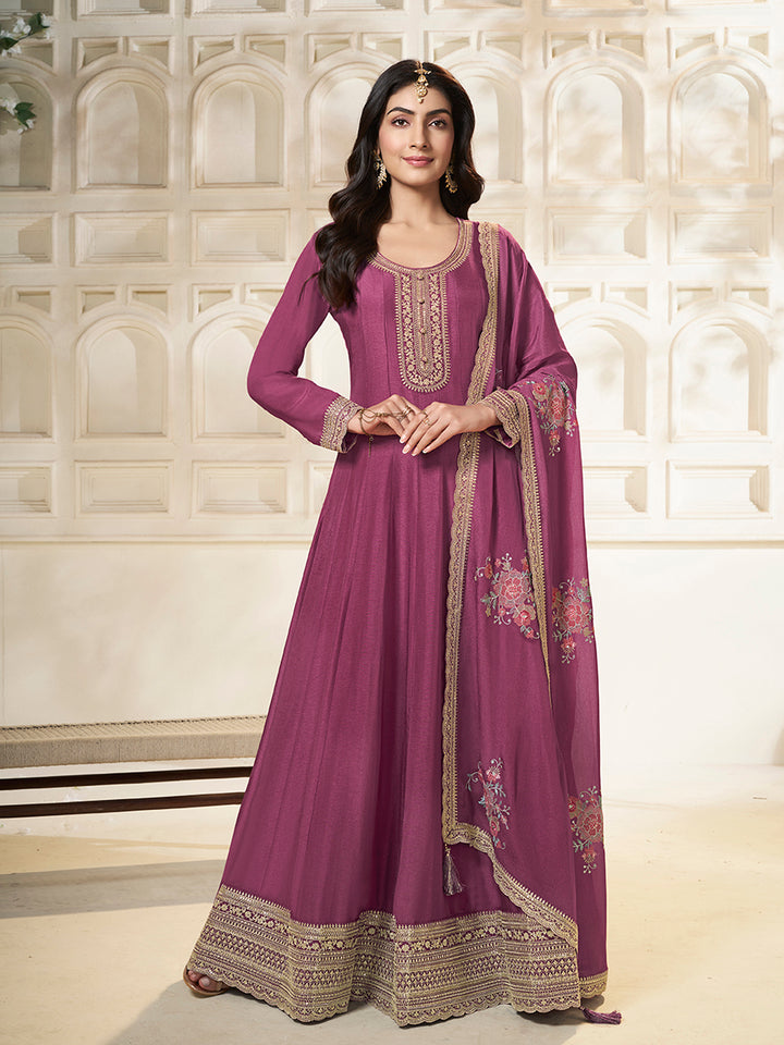 Purple Dola Silk Anarkali Set with Sequins Embroidered Dupatta