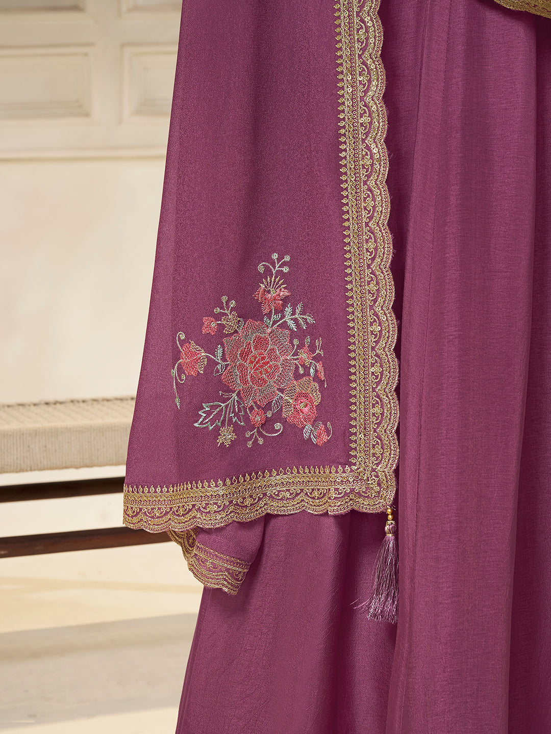 Purple Dola Silk Anarkali Set with Sequins Embroidered Dupatta