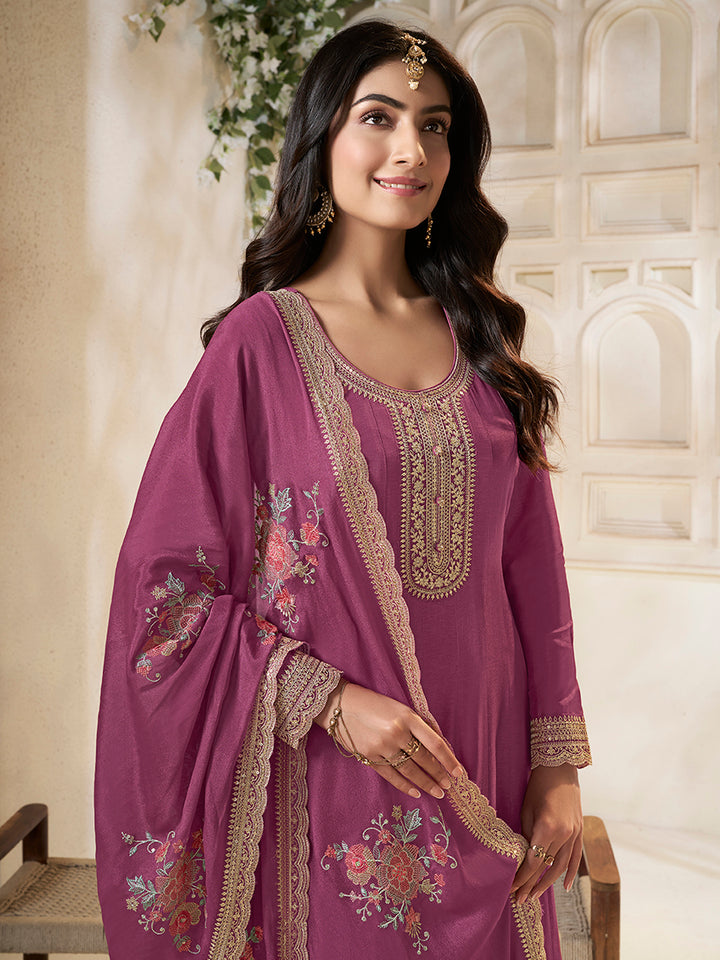 Purple Dola Silk Anarkali Set with Sequins Embroidered Dupatta