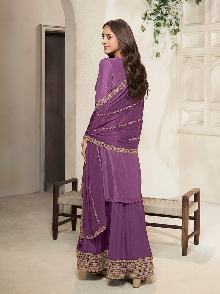 Purple Dola Silk Colour Contrast Sharara Suit Set