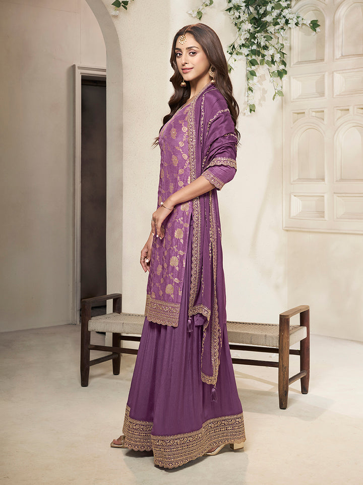 Purple Dola Silk Colour Contrast Sharara Suit Set