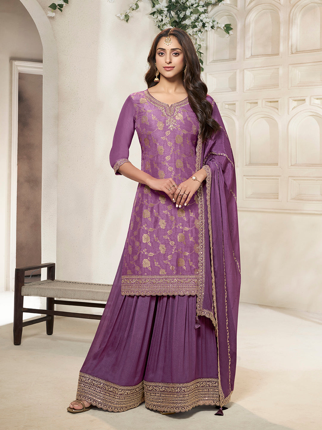 Purple Dola Silk Colour Contrast Sharara Suit Set