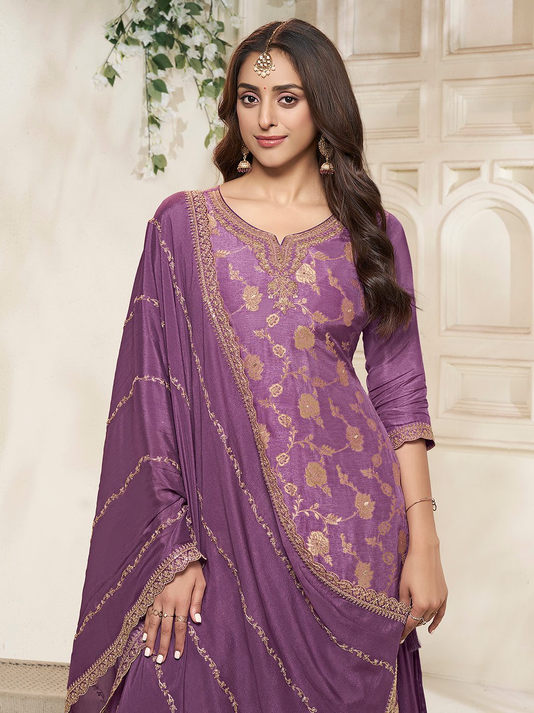 Purple Dola Silk Colour Contrast Sharara Suit Set