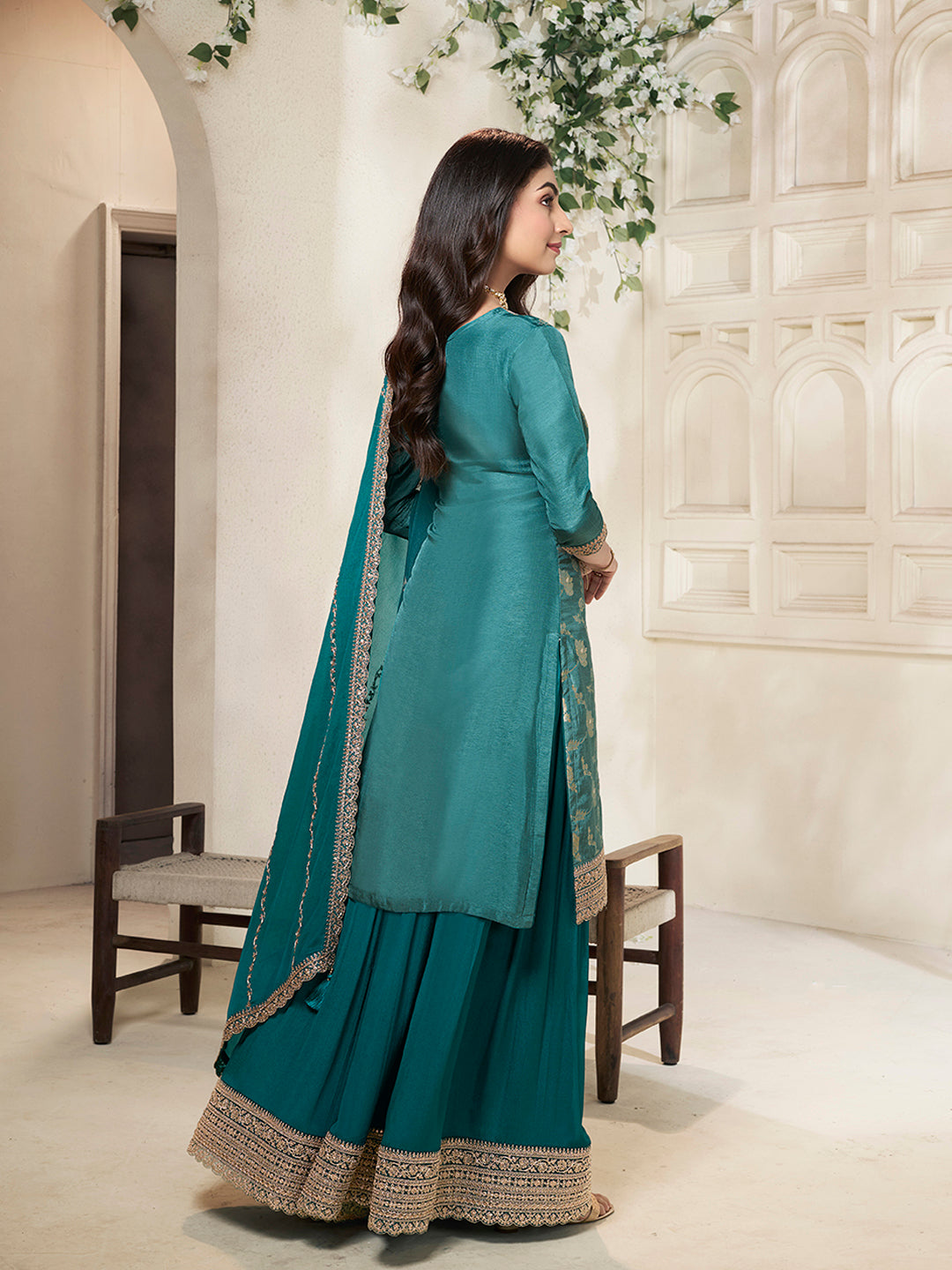 Teal Dola Silk Colour Contrast Sharara Suit Set