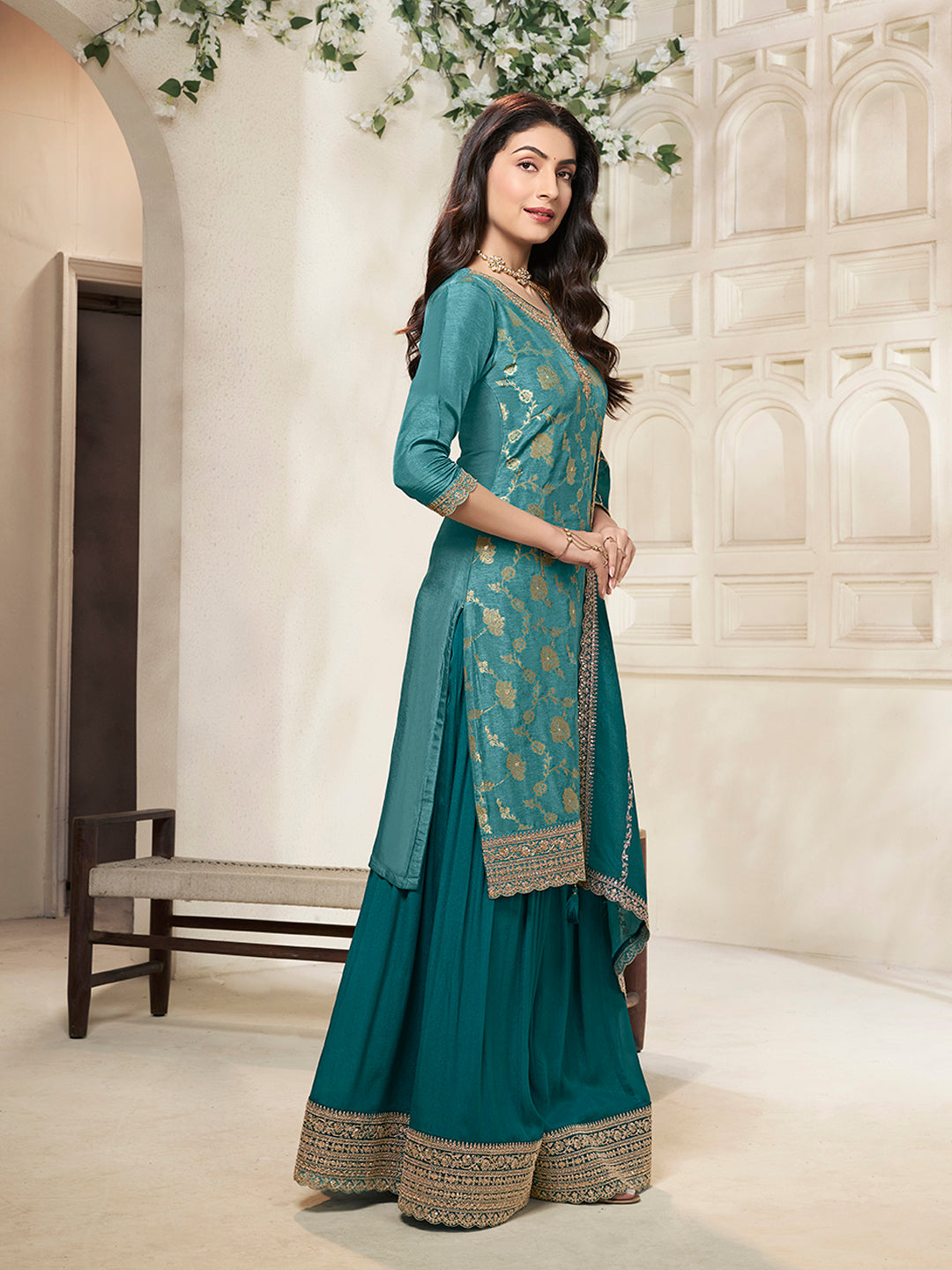 Teal Dola Silk Colour Contrast Sharara Suit Set