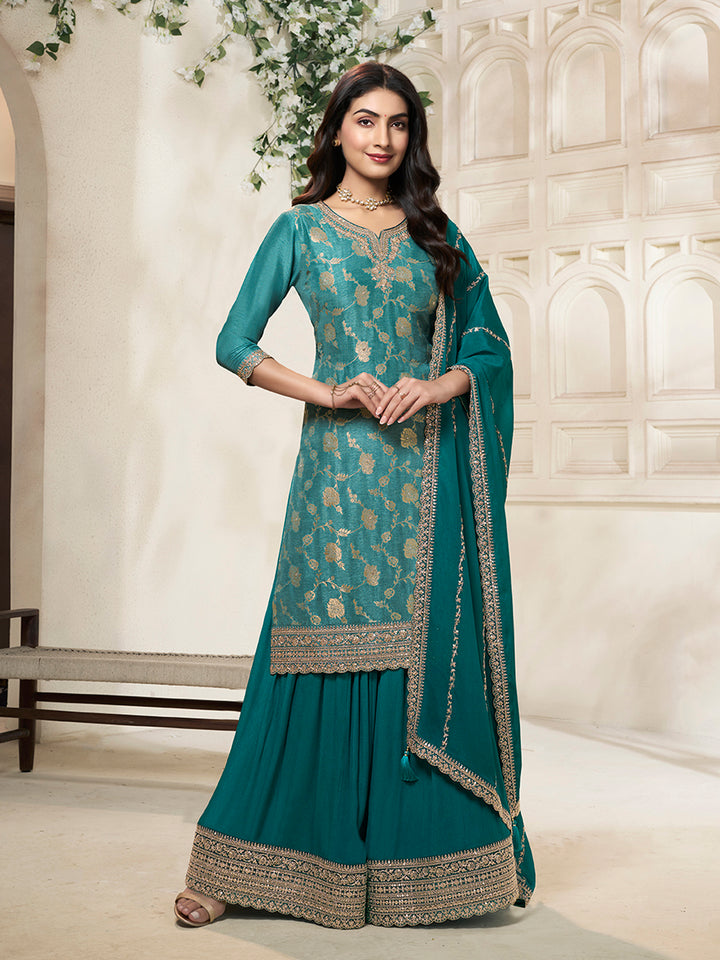 Teal Dola Silk Colour Contrast Sharara Suit Set