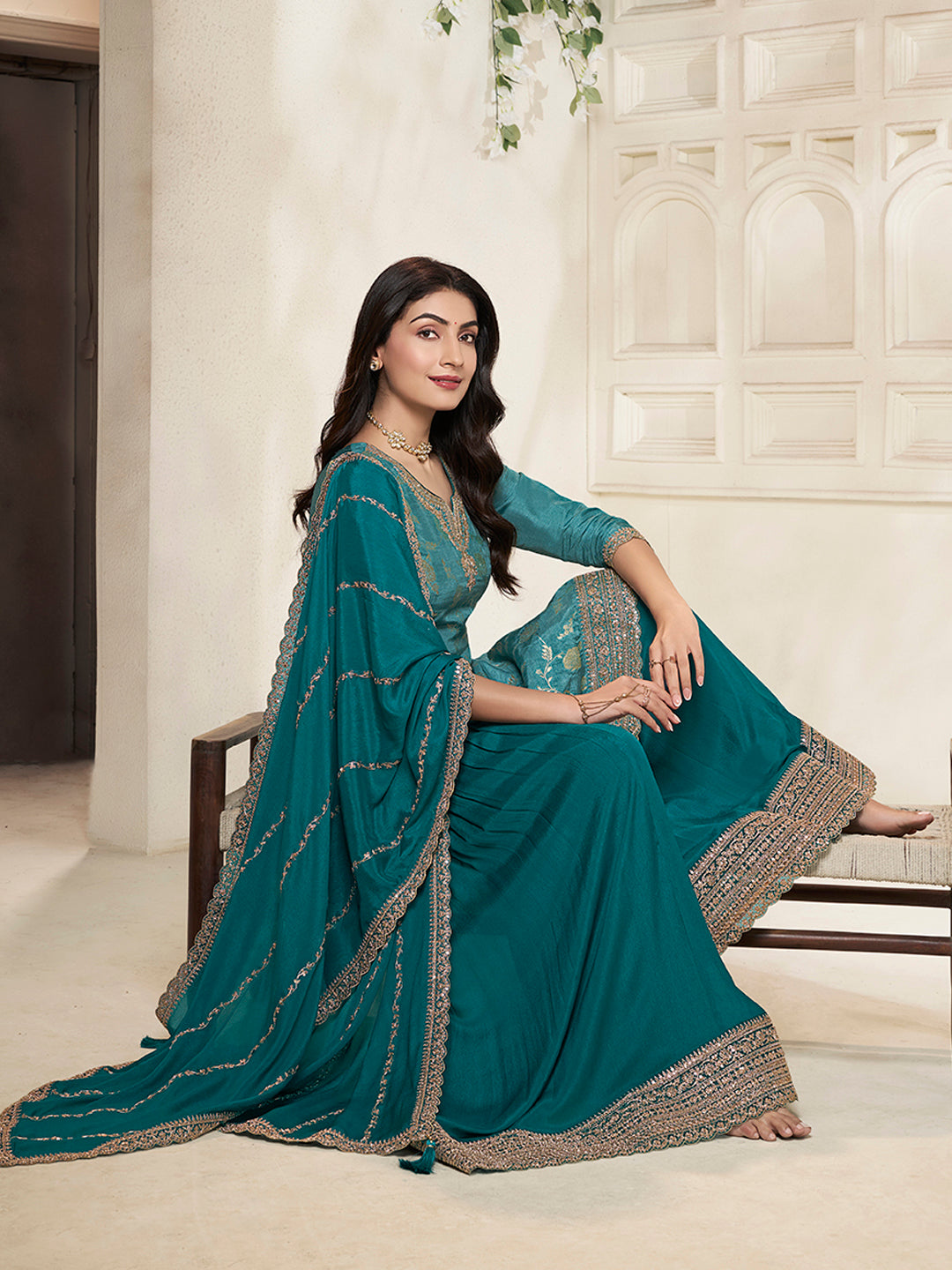 Teal Dola Silk Colour Contrast Sharara Suit Set