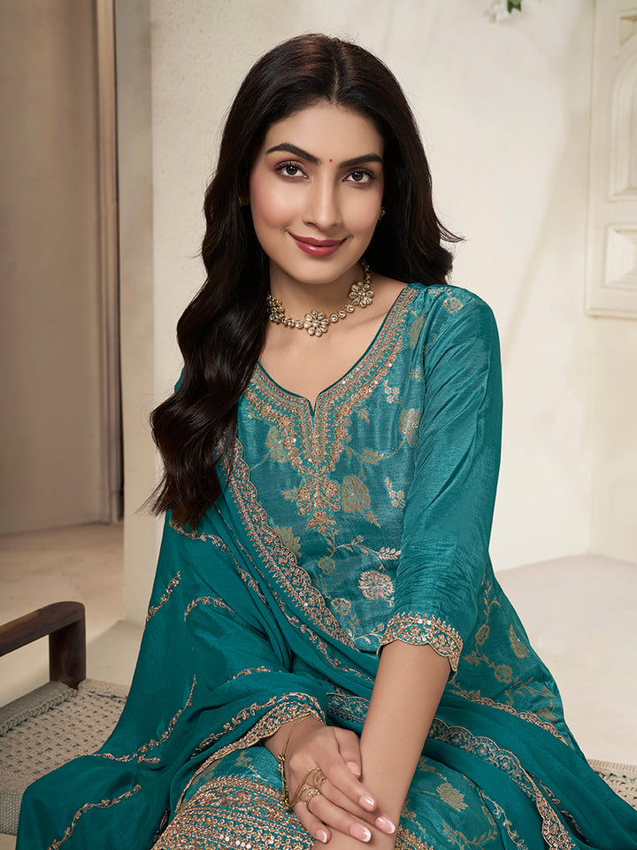 Teal Dola Silk Colour Contrast Sharara Suit Set