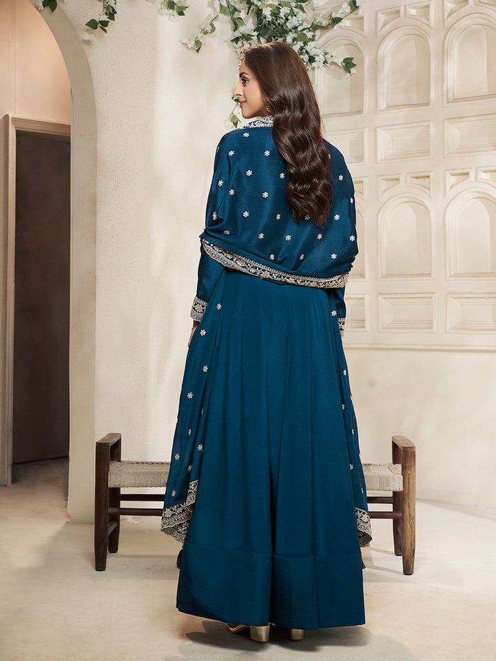 Blue Chinon Top with White Embroidery & Sequins Anarkali Suit Set