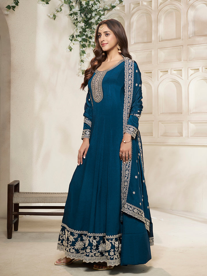 Blue Chinon Top with White Embroidery & Sequins Anarkali Suit Set