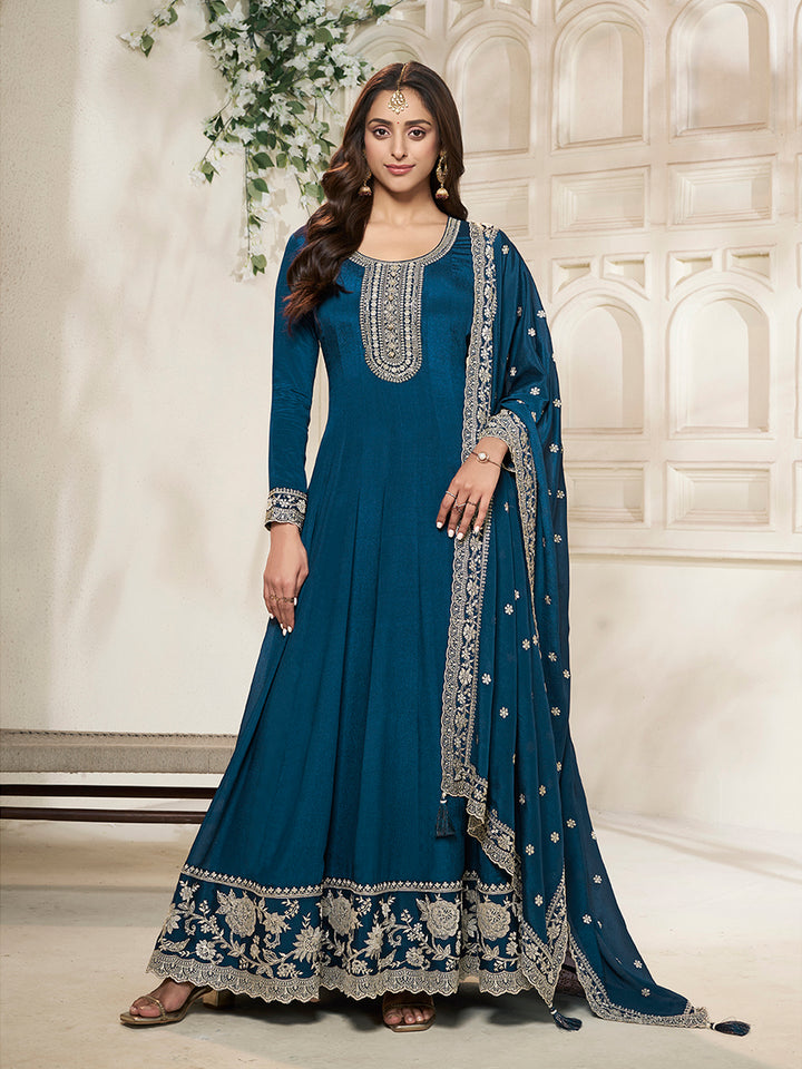 Blue Chinon Top with White Embroidery & Sequins Anarkali Suit Set