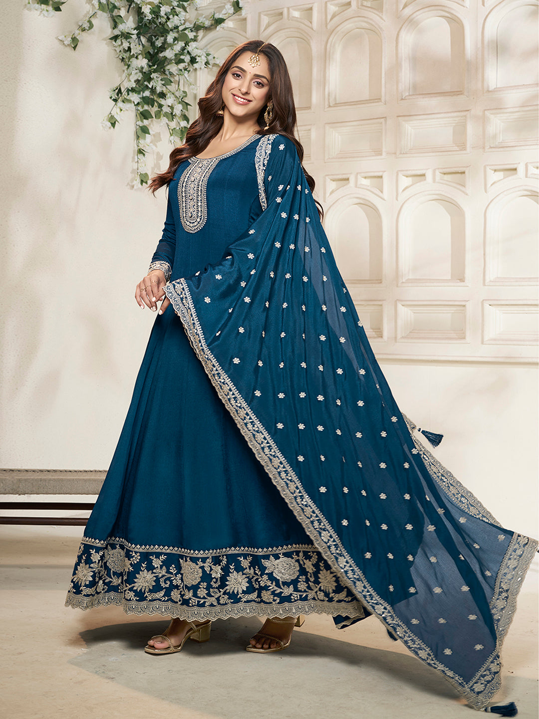 Blue Chinon Top with White Embroidery & Sequins Anarkali Suit Set